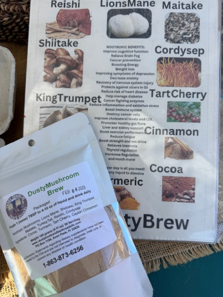 DustyMushroom Brew package with a list of mushroom types and their benefits on a cardboard background.