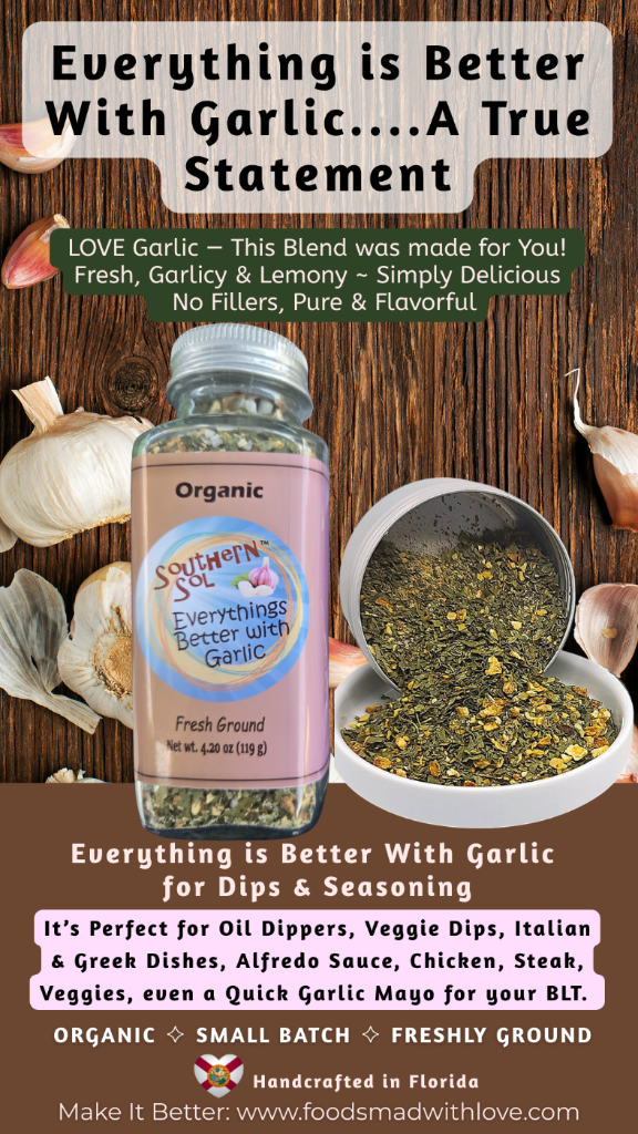 Promotional image of a garlic product with text highlighting its benefits and uses.