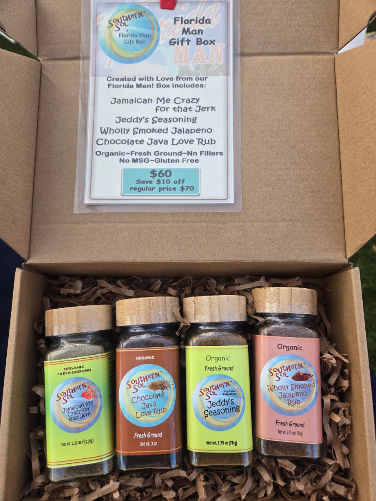Florida Man southern sol gift box with spicy rubs and seasonings chipotle, jamaican and coffee 